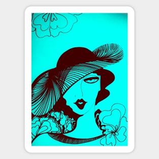 TURQUOISE RETRO OP ART SEVENTIES DECO LADY WITH HAT SUMMER PRINT Sticker